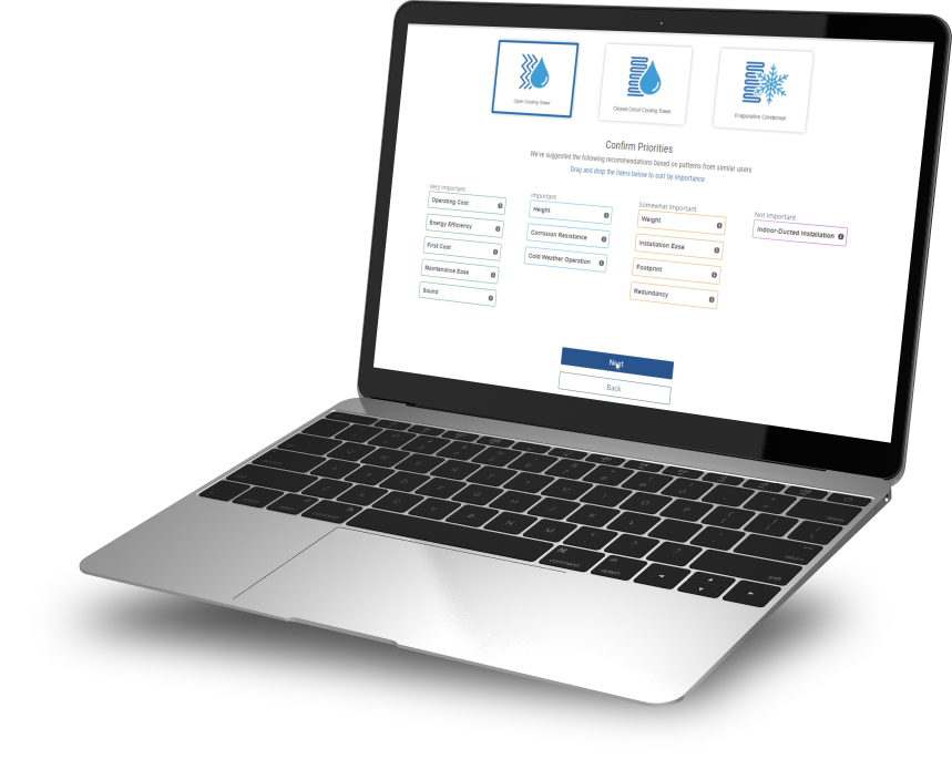 CoolSpec cooling tower selection software running on a laptop